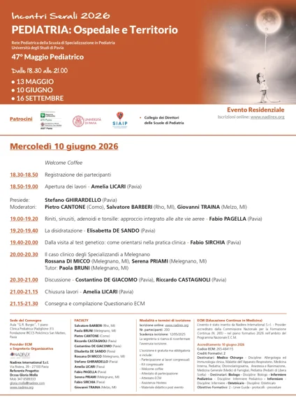 Incontri Serali 2026. Pediatria: Ospedale e Territorio. 47° Maggio Pediatrico